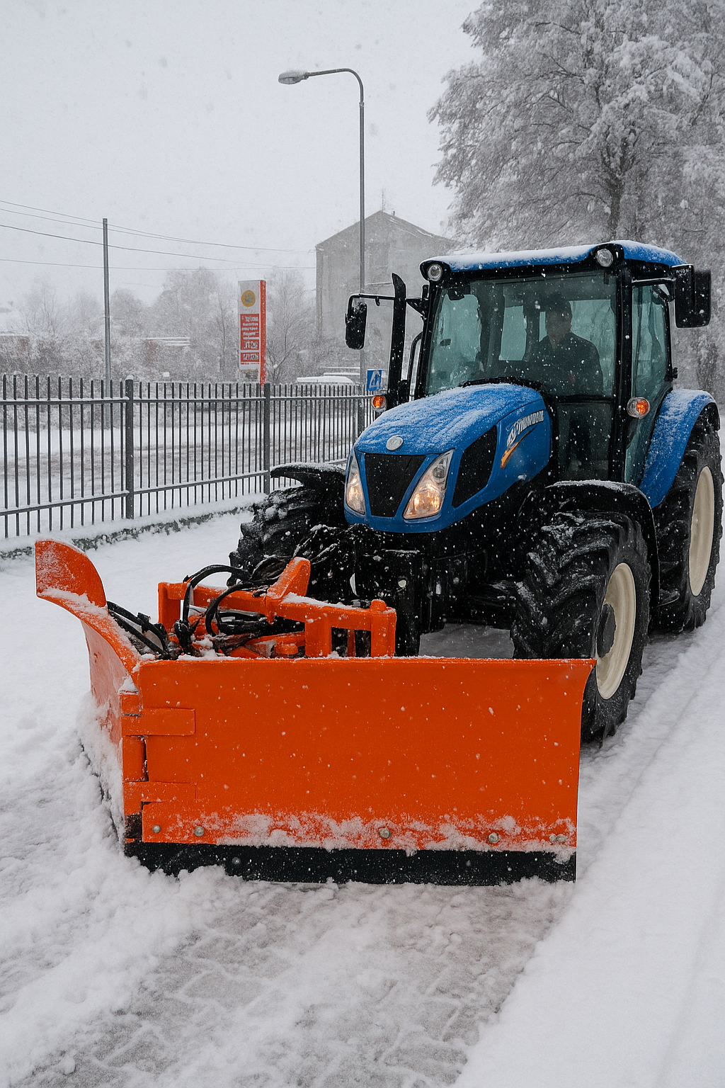 Ciągnik z pługiem śnieżnym odśnieżający ulicę